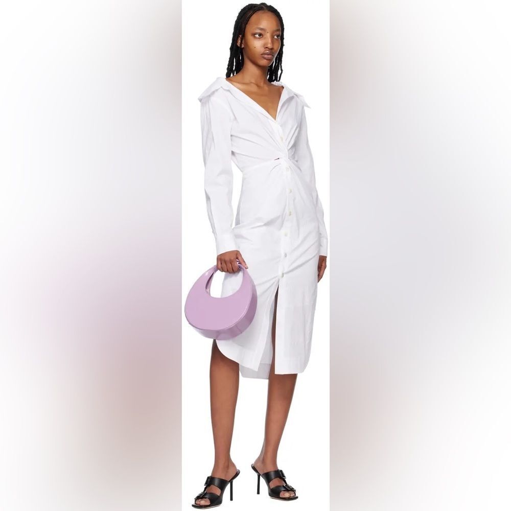 STAUD Clea Midi Dress White Size 12 Ruched Long Sleeve Cotton Shirt Dress NWT